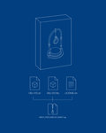 Technical drawing of the ARCH POP DISPLAY product with file icons and text on a blue background
