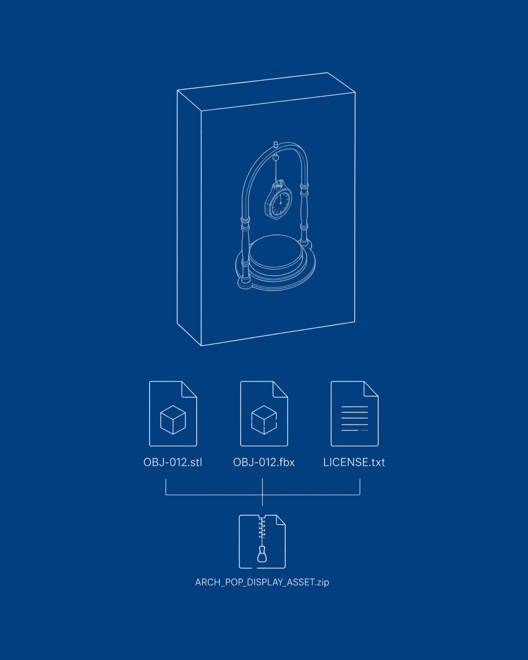 Technical drawing of the ARCH POP DISPLAY product with file icons and text on a blue background